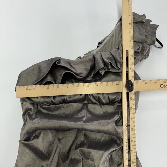 Xscape Dress Women 4 Brown Gray One Shoulder Ruffle Cocktail Party Ruched Formal - Picture 5 of 7